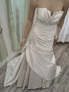 NWT Sophia Tolli Strapless Cream Satin Ruched Gown with Beaded Waist